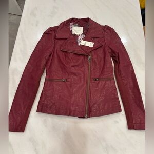 NWT Anthropologie Petula Puff Sleeved Moto Jacket, wine color, XS
